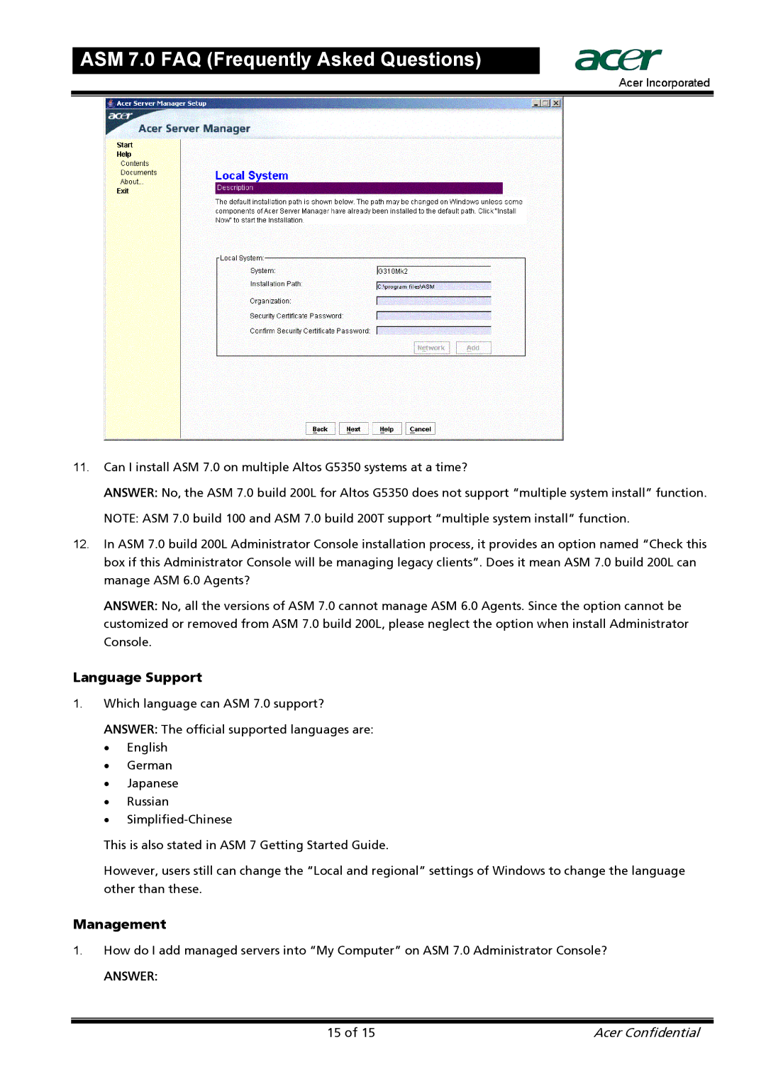 Acer 7 manual Language Support, Management 