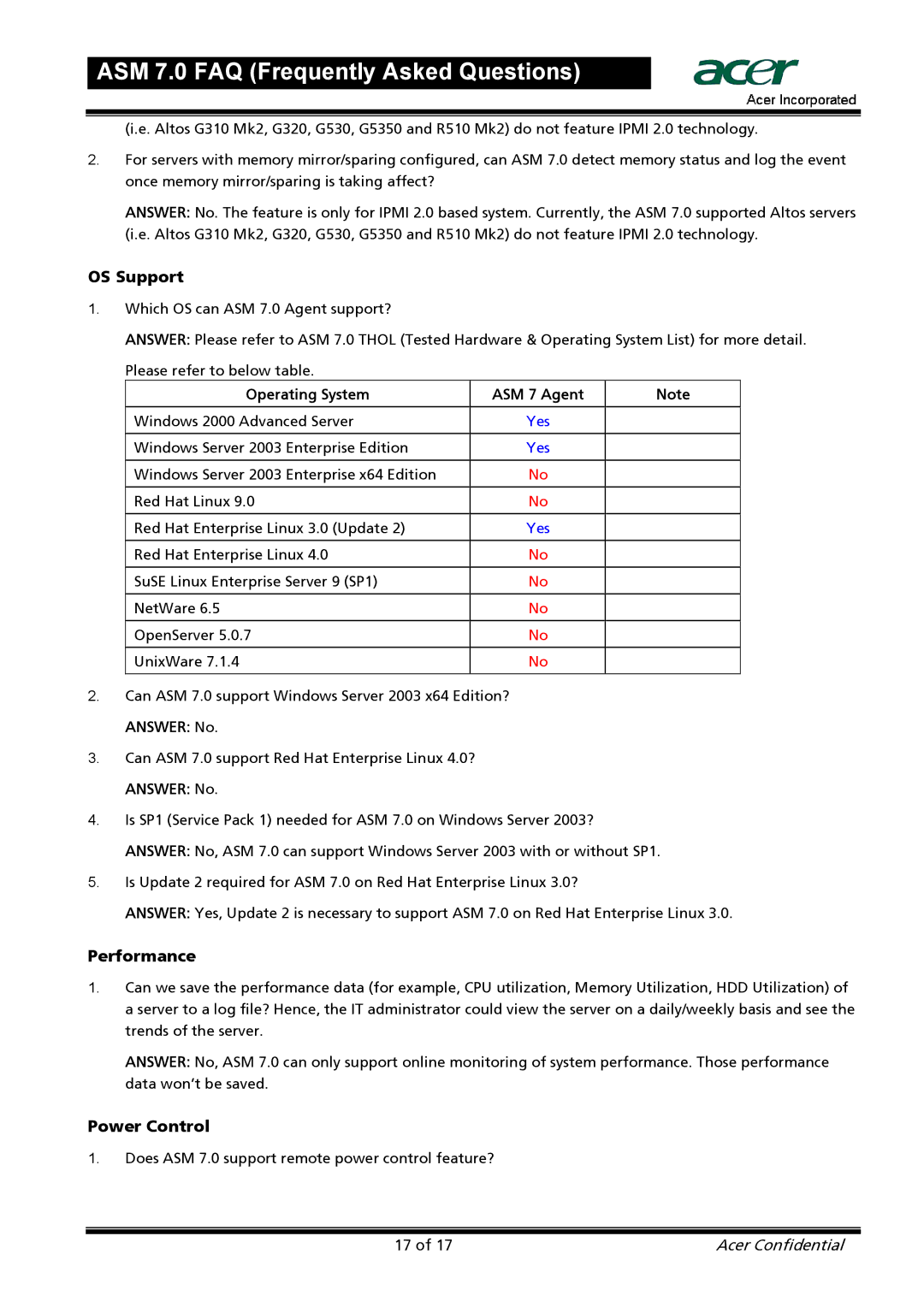 Acer manual OS Support, Performance, Power Control, Operating System ASM 7 Agent 