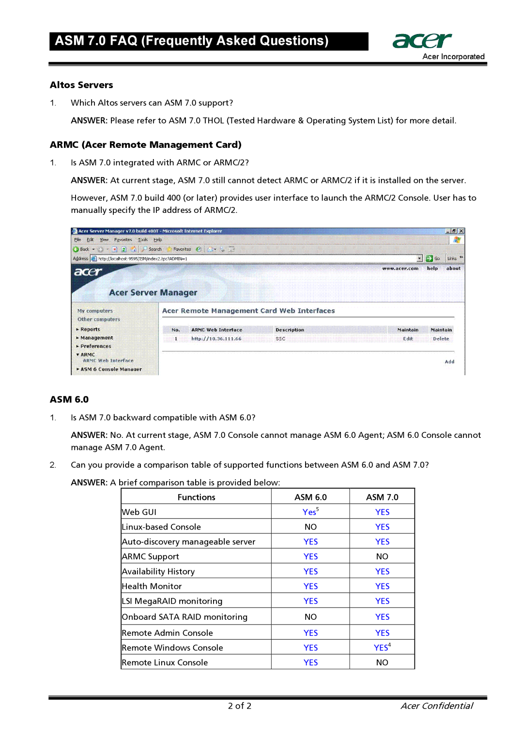 Acer 7 manual Altos Servers, Armc Acer Remote Management Card, Asm 