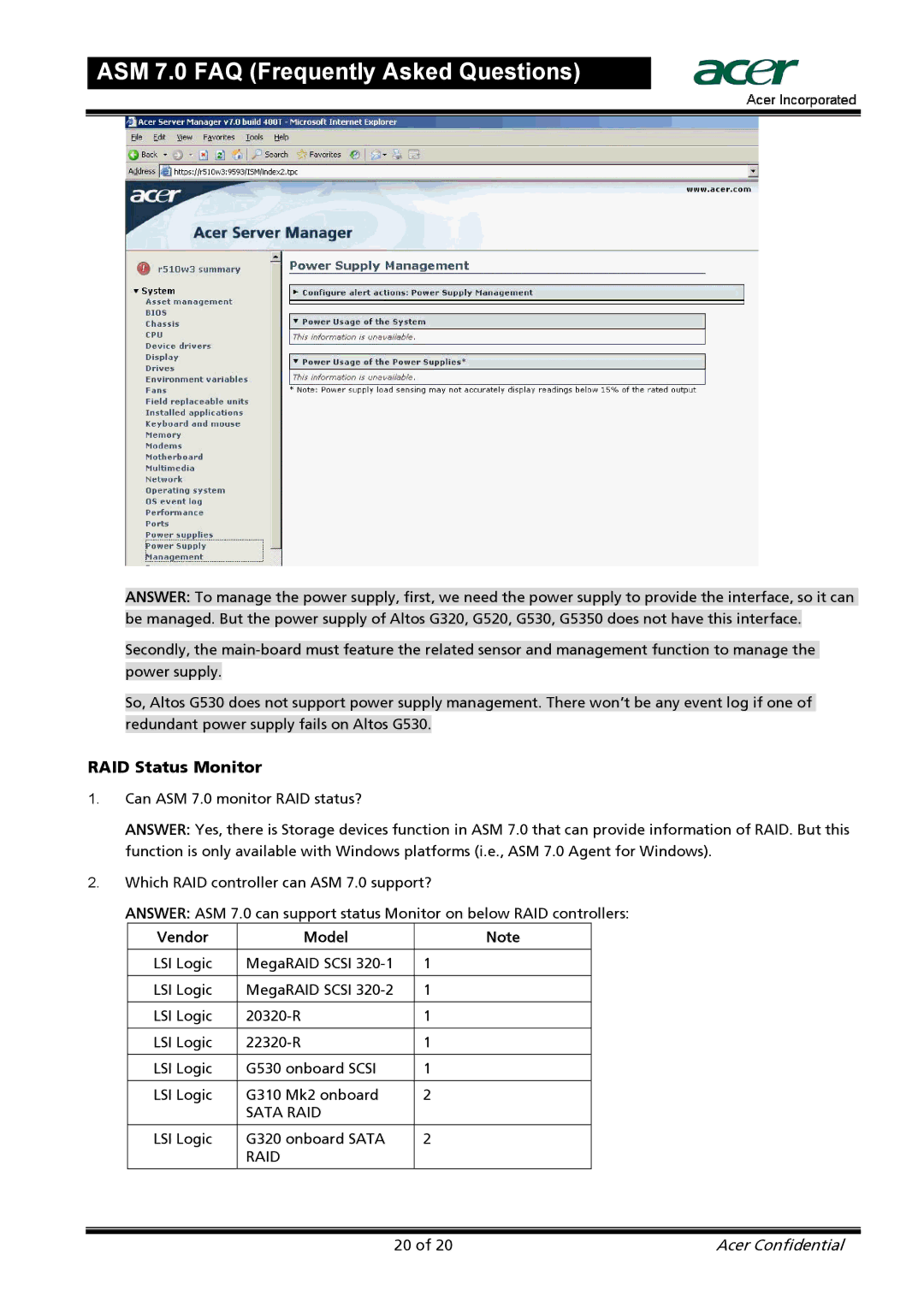 Acer 7 manual RAID Status Monitor, Vendor Model 