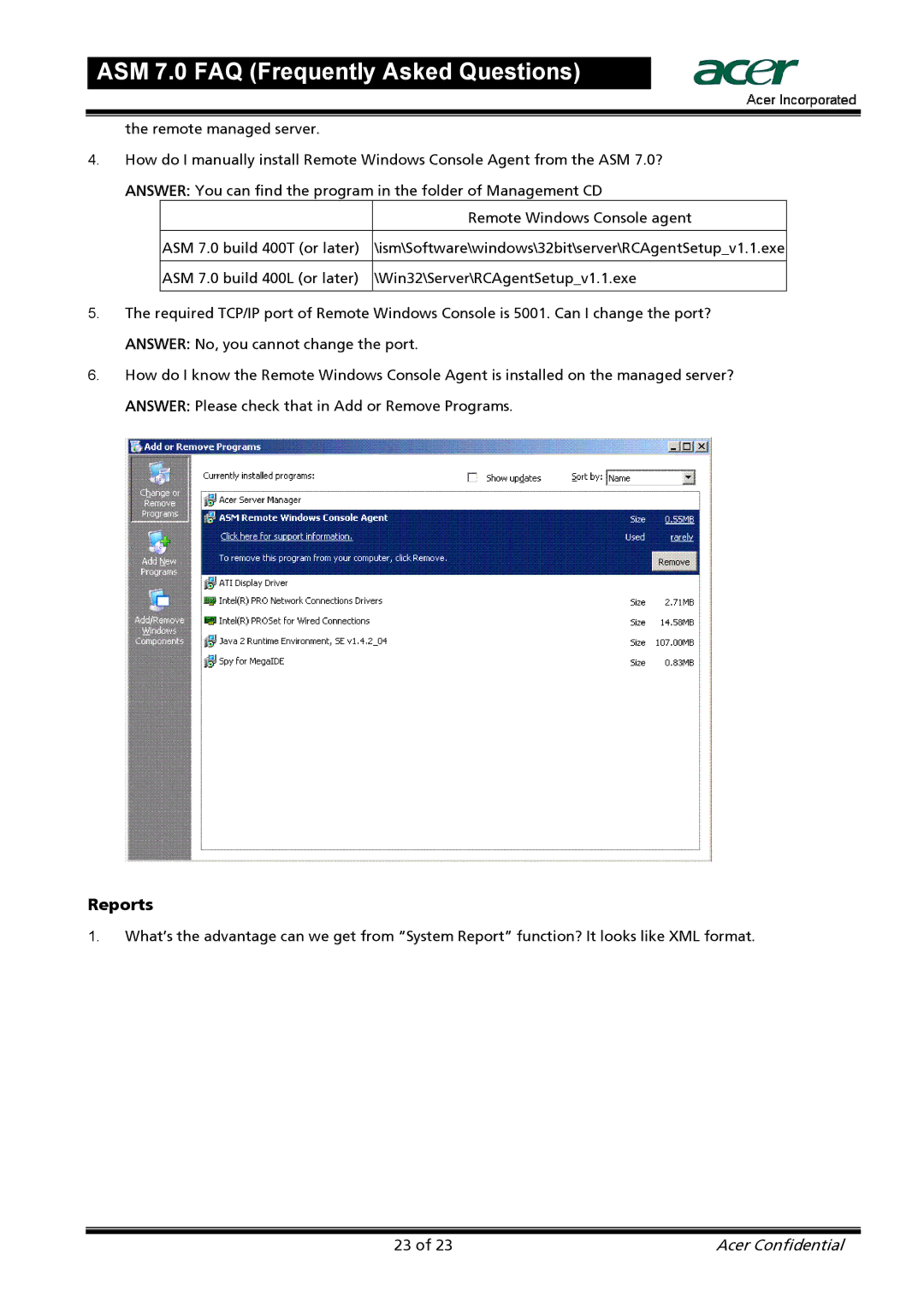 Acer 7 manual Reports 