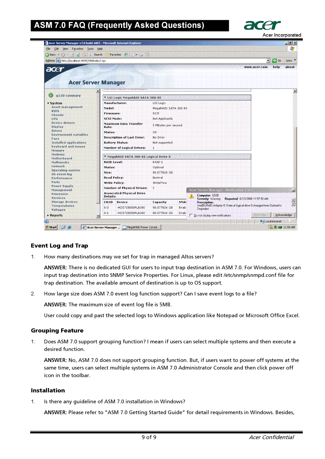 Acer 7 manual Event Log and Trap, Grouping Feature, Installation 