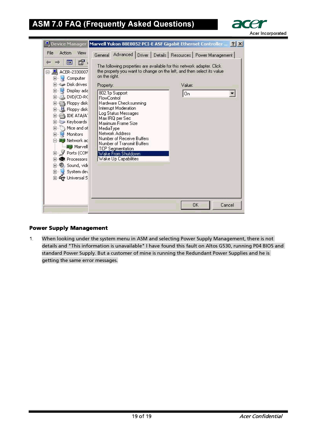 Acer manual Power Supply Management, ASM 7.0 FAQ Frequently Asked Questions, Acer Confidential 