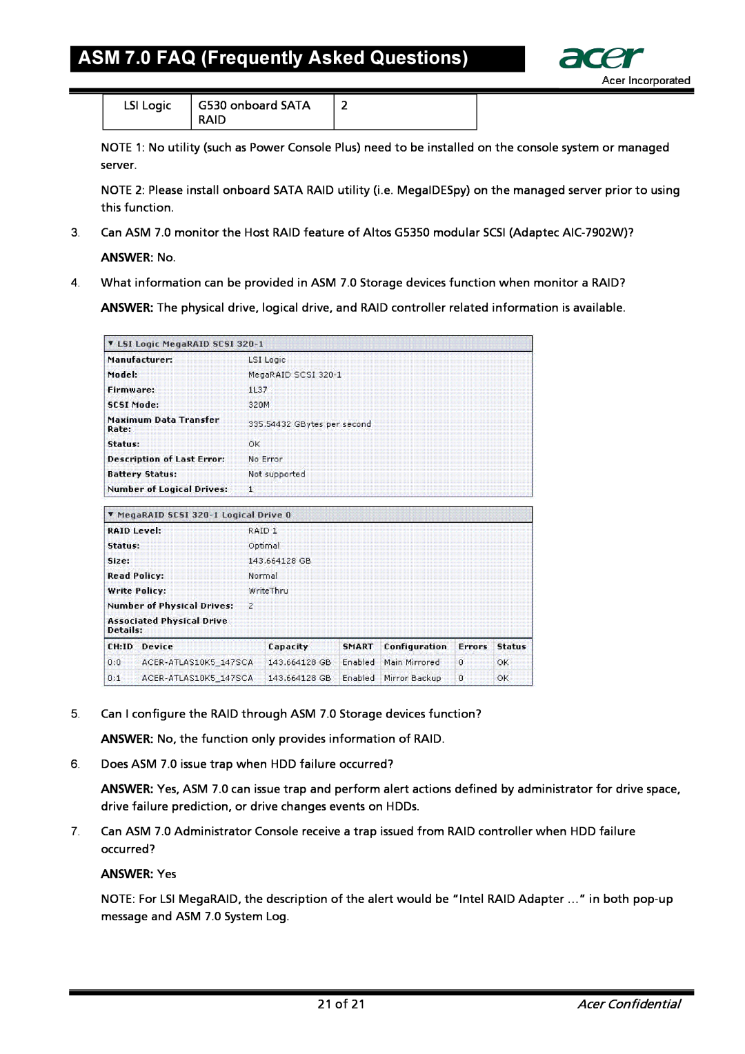 Acer manual ASM 7.0 FAQ Frequently Asked Questions, LSI Logic, ANSWER Yes, Acer Confidential 