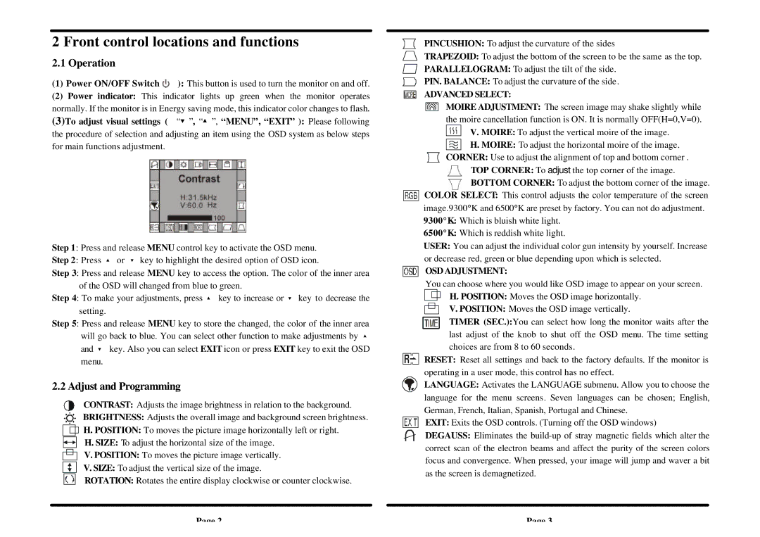 Acer 707 specifications Front control locations and functions, Operation, Adjust and Programming 