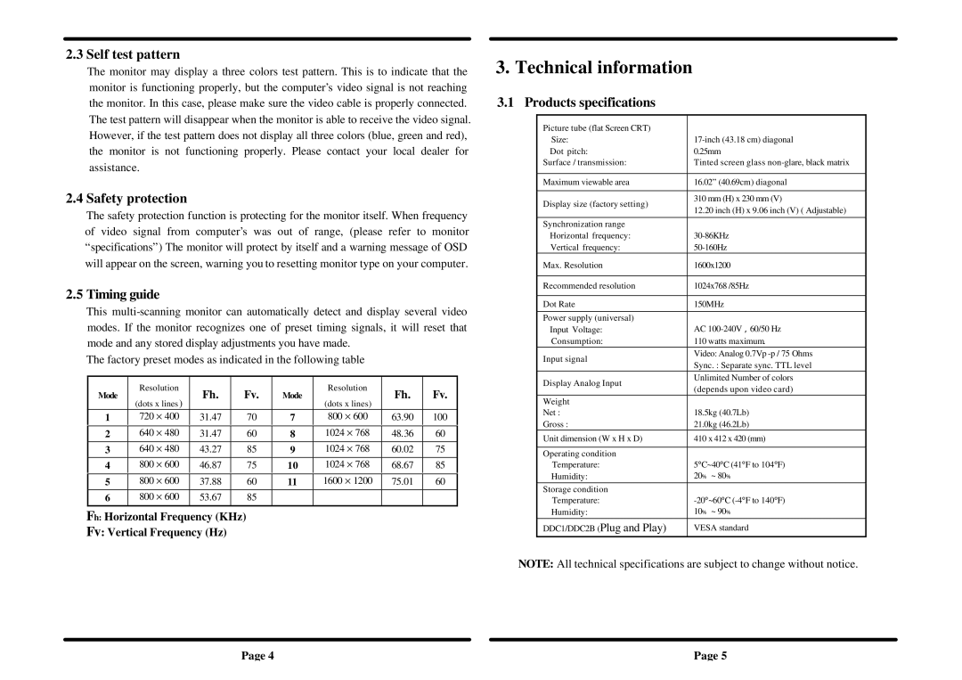 Acer 707 Technical information, Self test pattern, Safety protection, Timing guide, Products specifications 