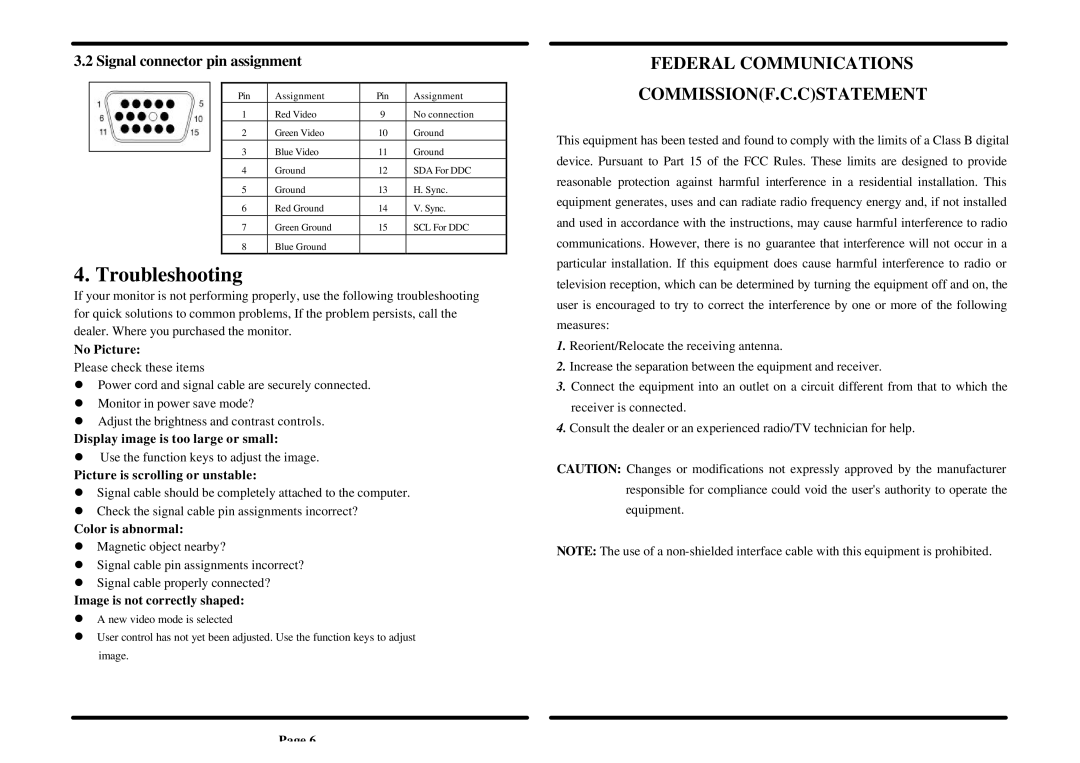 Acer 707 specifications Troubleshooting, Federal Communications COMMISSIONF.C.CSTATEMENT, Signal connector pin assignment 