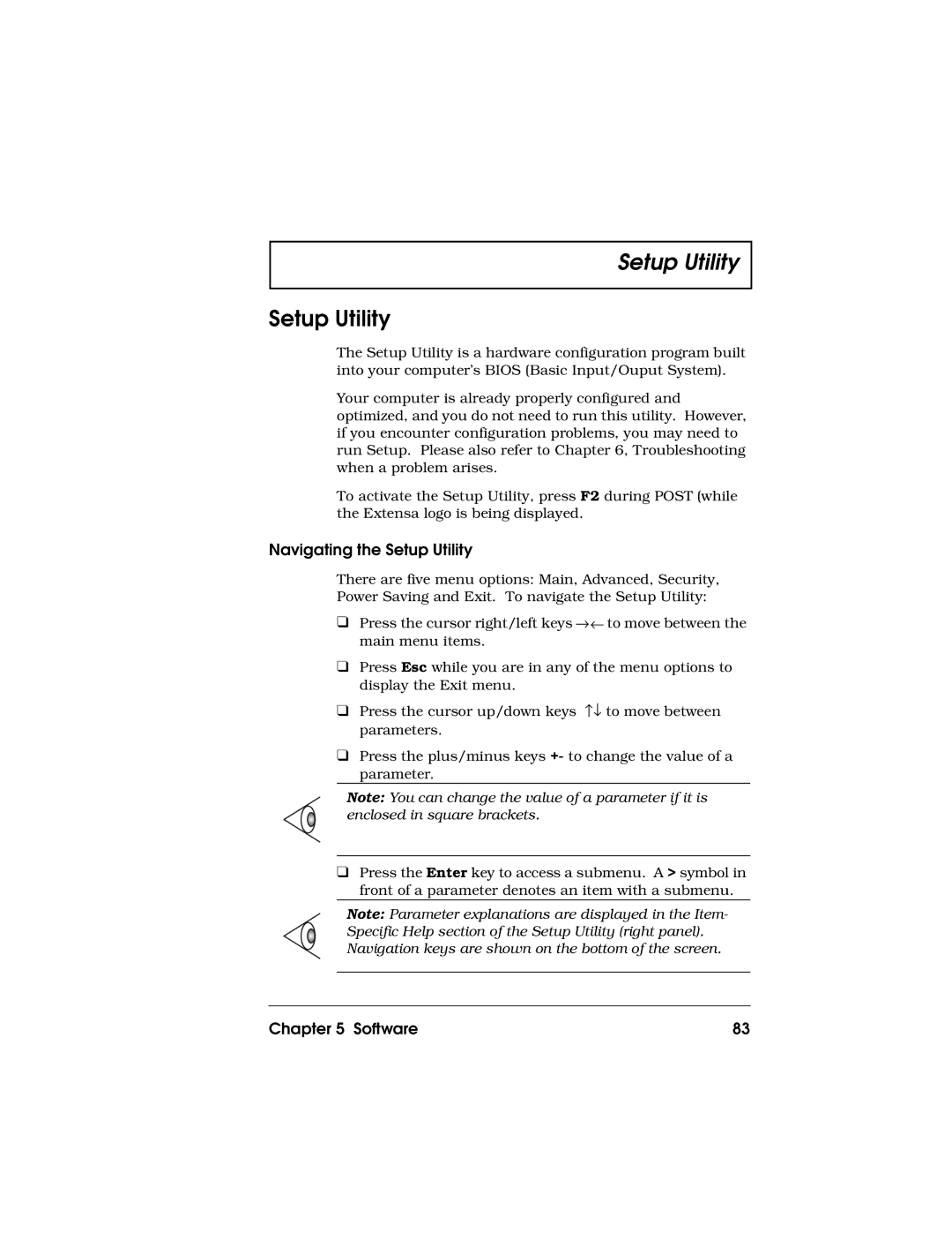 Acer 710 Series manual Navigating the Setup Utility 