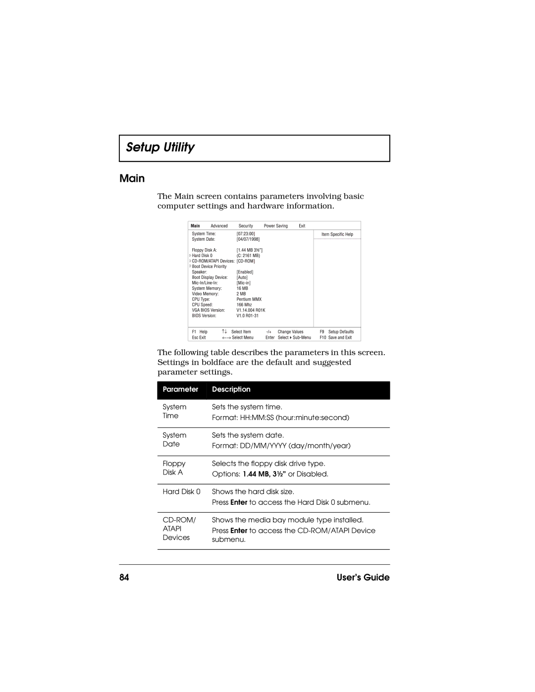 Acer 710 Series manual Main, Parameter Description 