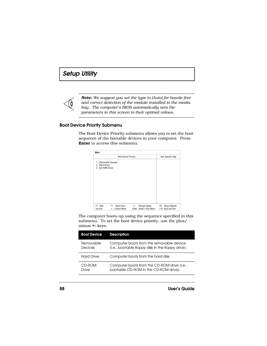 Acer 710 Series manual Boot Device Priority Submenu, Boot Device Description 