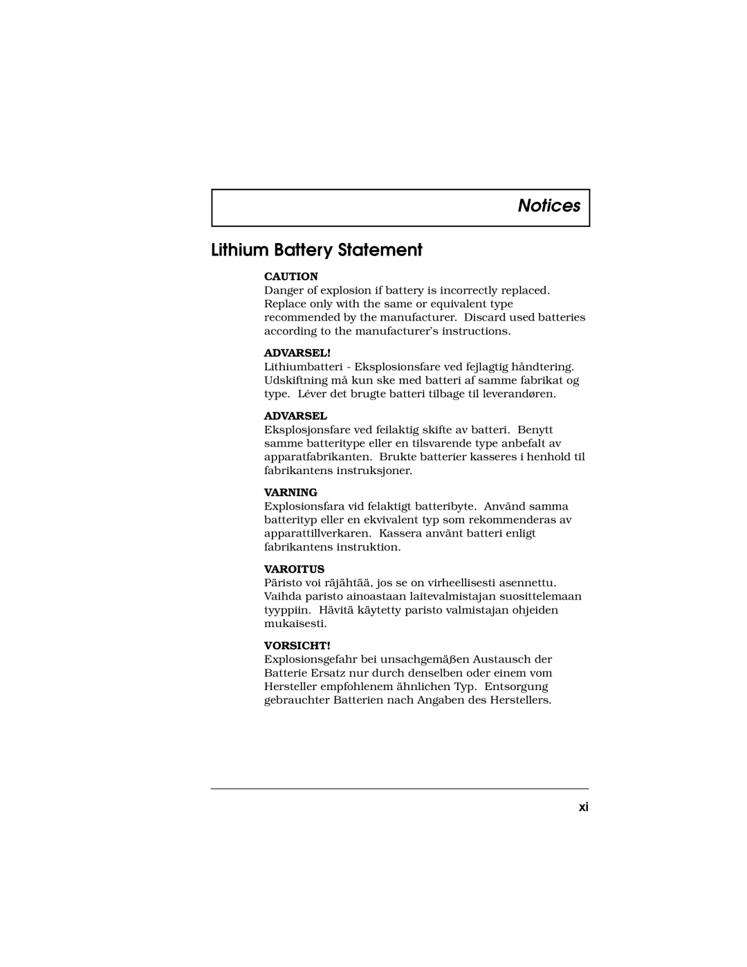 Acer 710 Series manual Lithium Battery Statement, Varning 