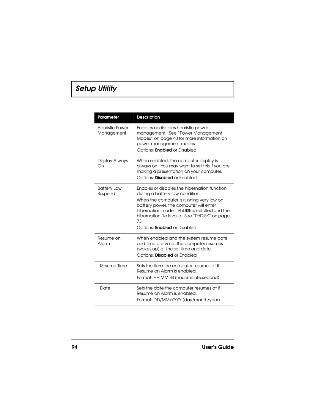 Acer 710 Series manual Parameter Description 