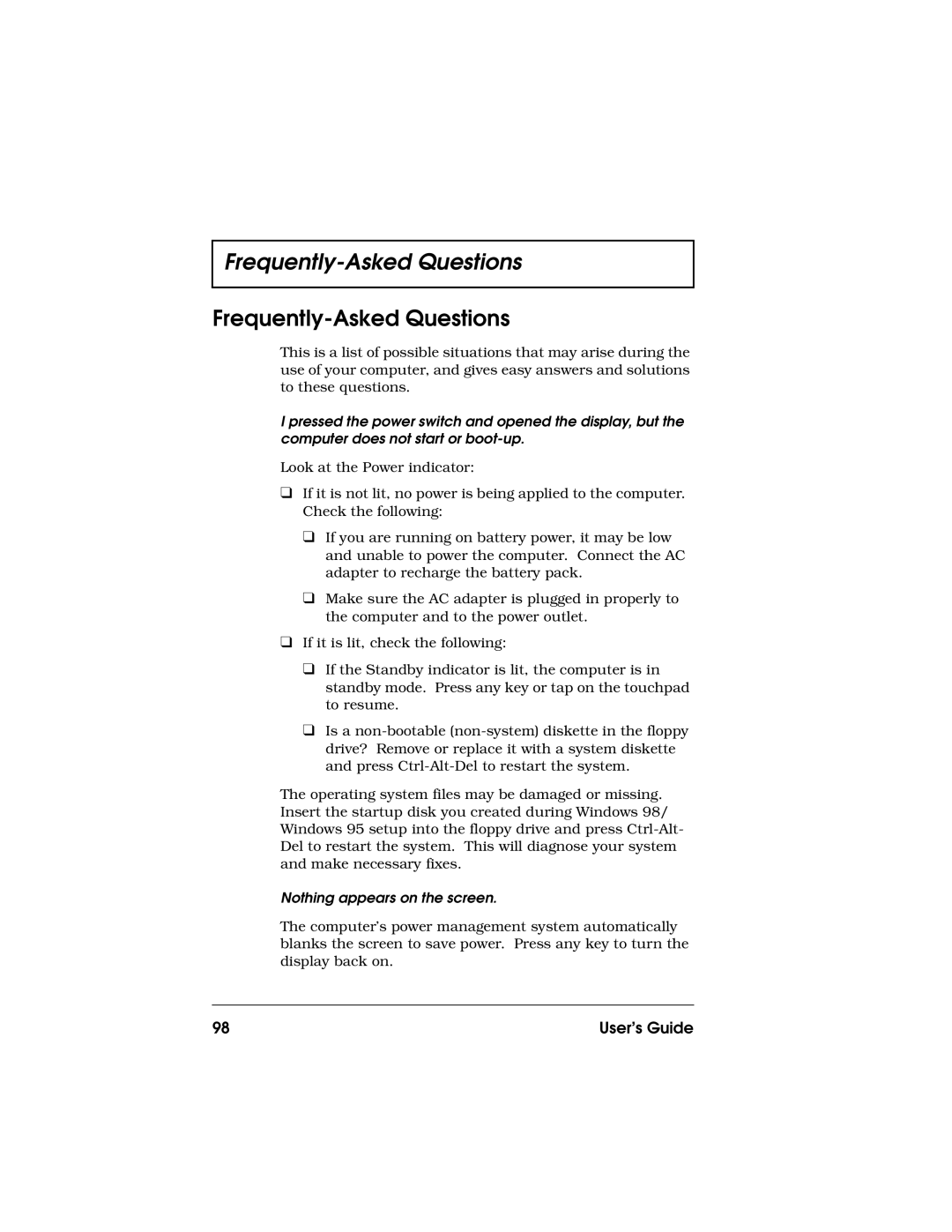 Acer 710 Series manual Frequently-Asked Questions, Nothing appears on the screen 