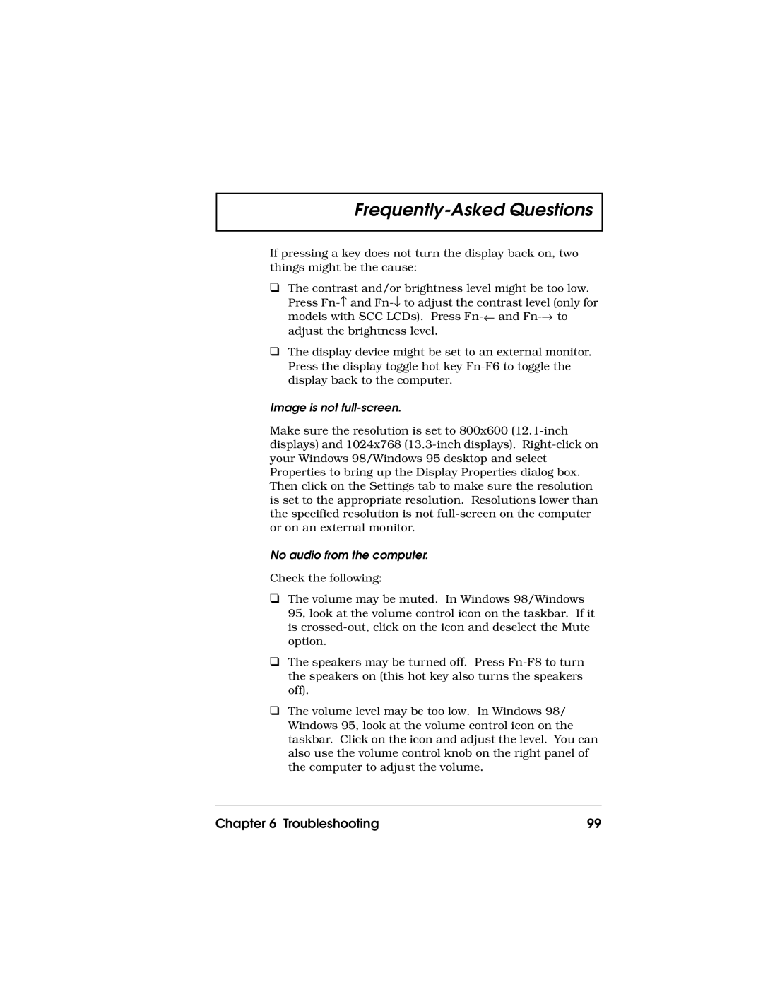 Acer 710 Series manual Image is not full-screen, No audio from the computer 