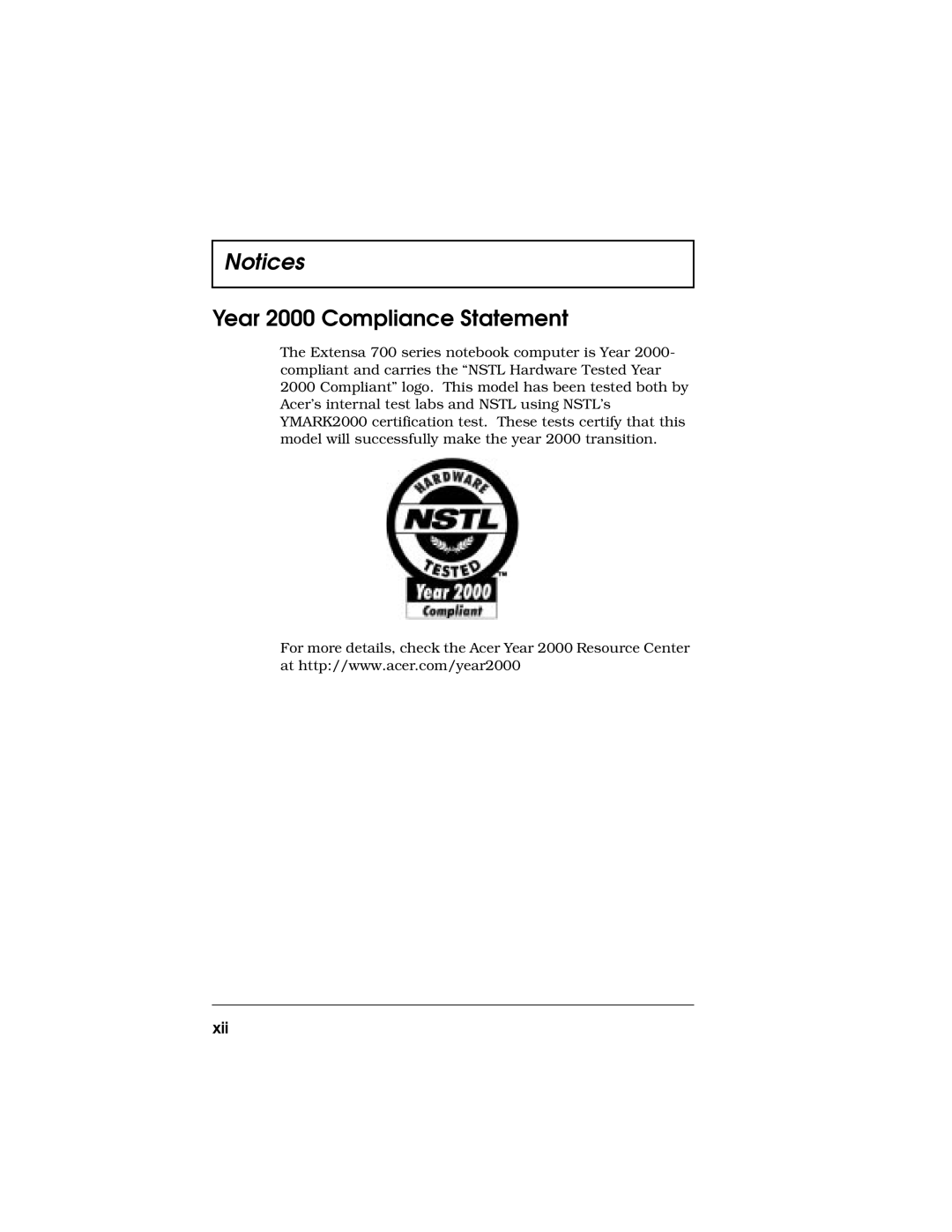 Acer 710 Series manual Year 2000 Compliance Statement, Xii 