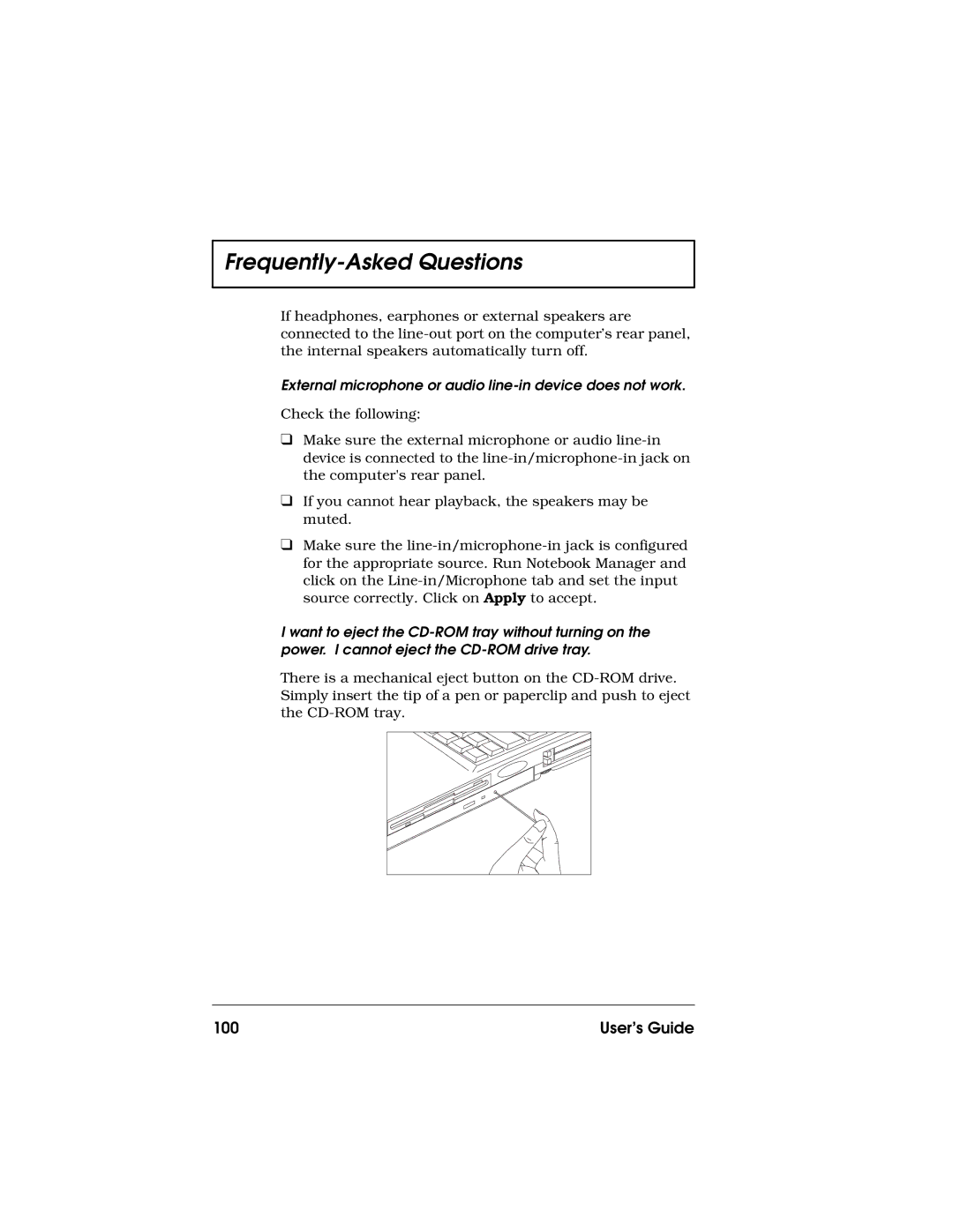 Acer 710 Series manual User’s Guide, External microphone or audio line-in device does not work 