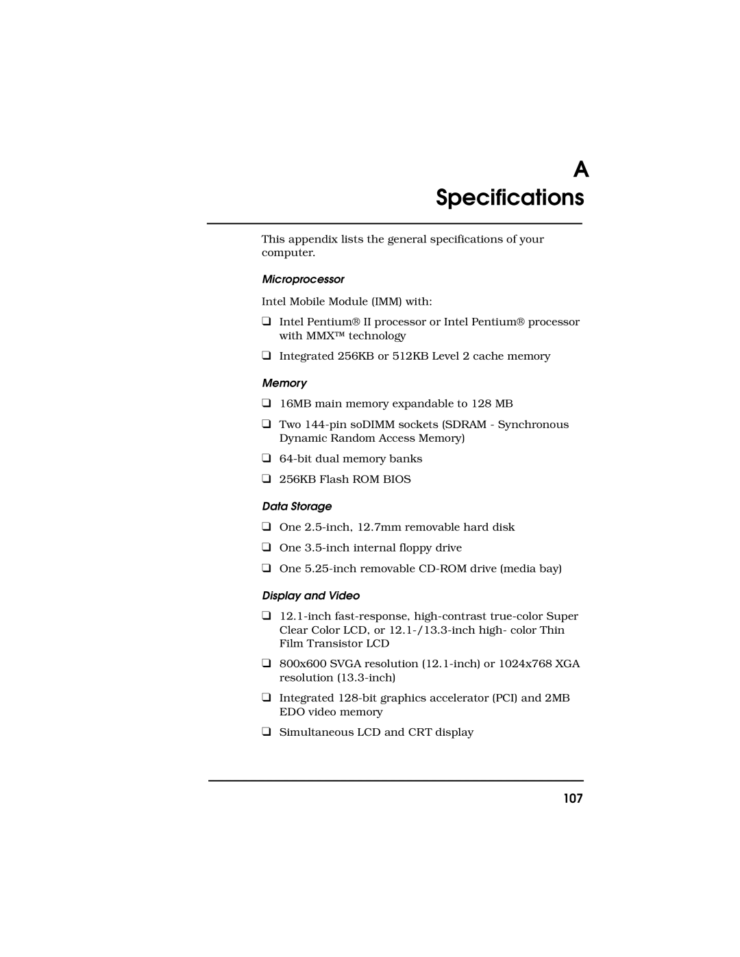 Acer 710 Series manual 107, Microprocessor, Memory, Data Storage, Display and Video 