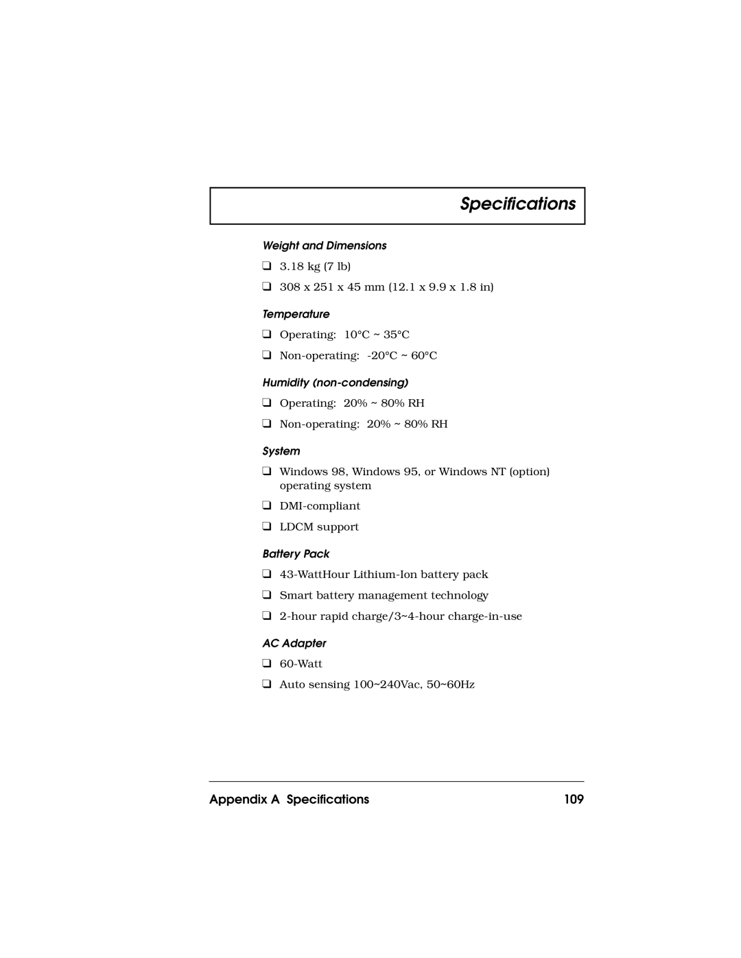 Acer 710 Series manual Appendix a Specifications 109 