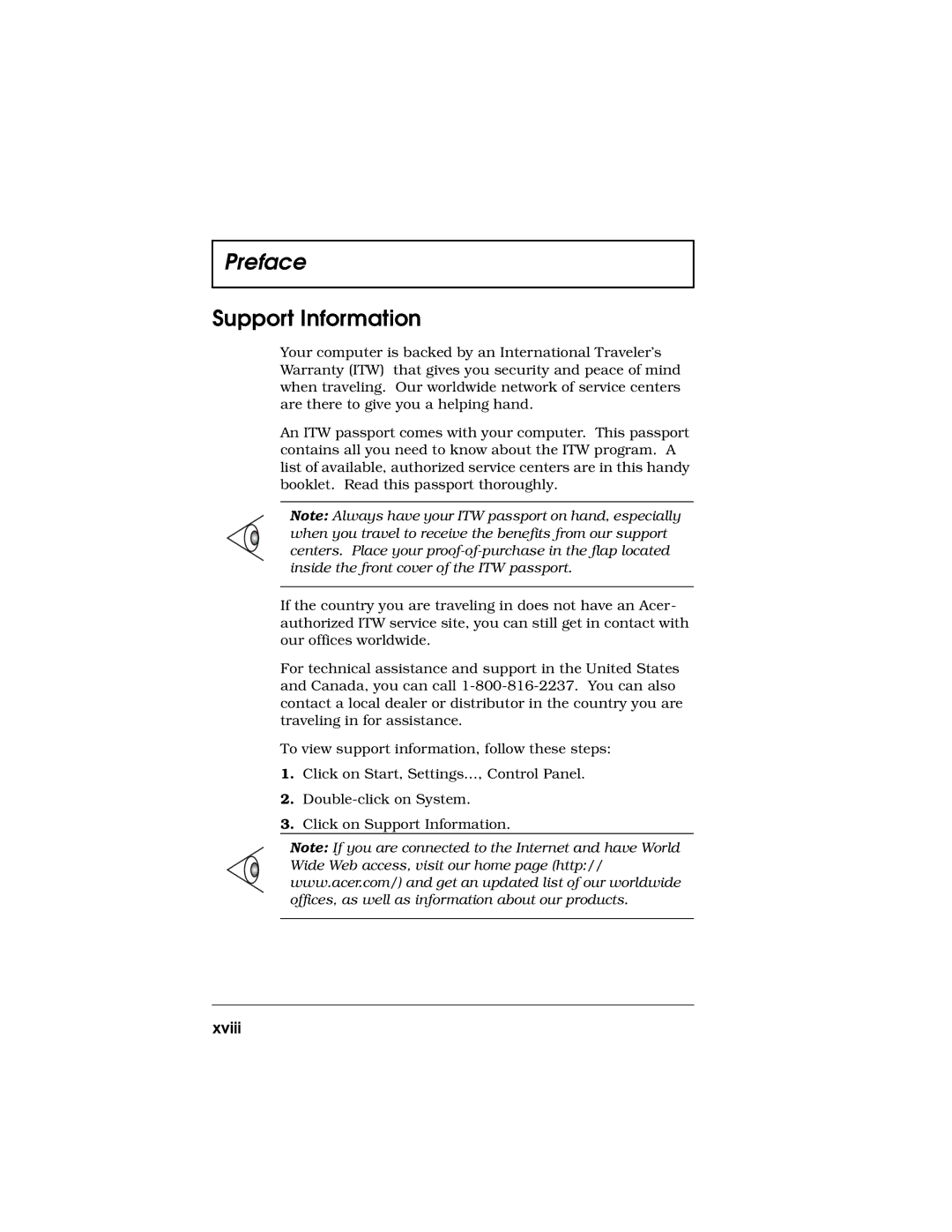 Acer 710 Series manual Support Information, Xviii 