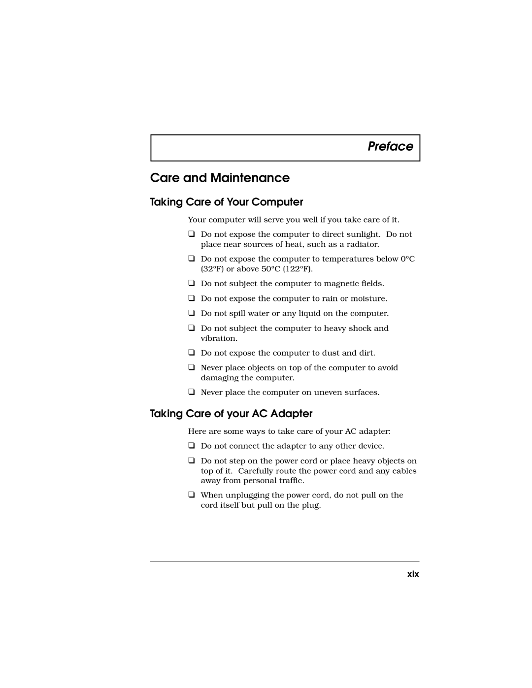 Acer 710 Series manual Care and Maintenance, Taking Care of Your Computer, Taking Care of your AC Adapter, Xix 