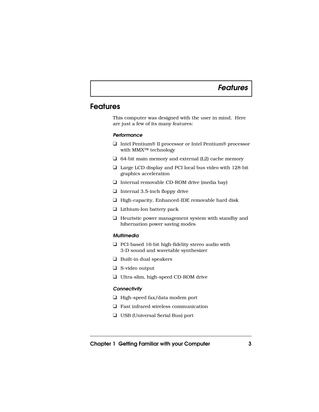 Acer 710 Series manual Features, Performance, Multimedia, Connectivity 