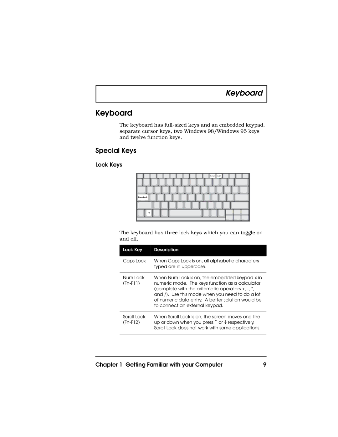 Acer 710 Series manual Keyboard, Special Keys, Lock Keys, Lock Key Description 