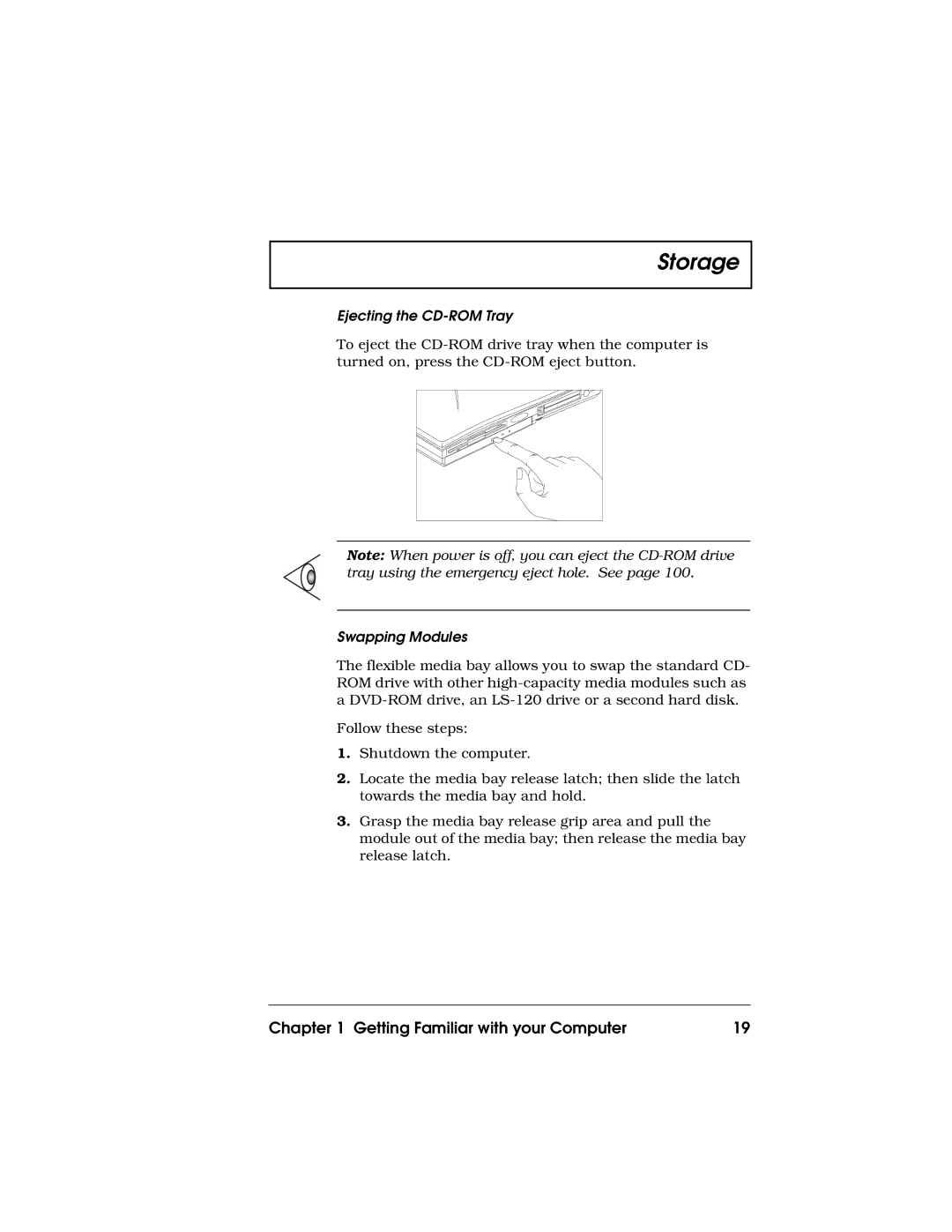 Acer 710 Series manual Ejecting the CD-ROM Tray, Swapping Modules 