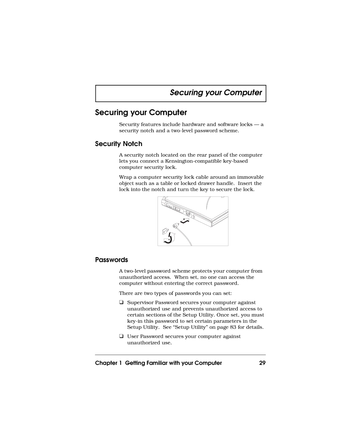 Acer 710 Series manual Securing your Computer, Security Notch, Passwords 