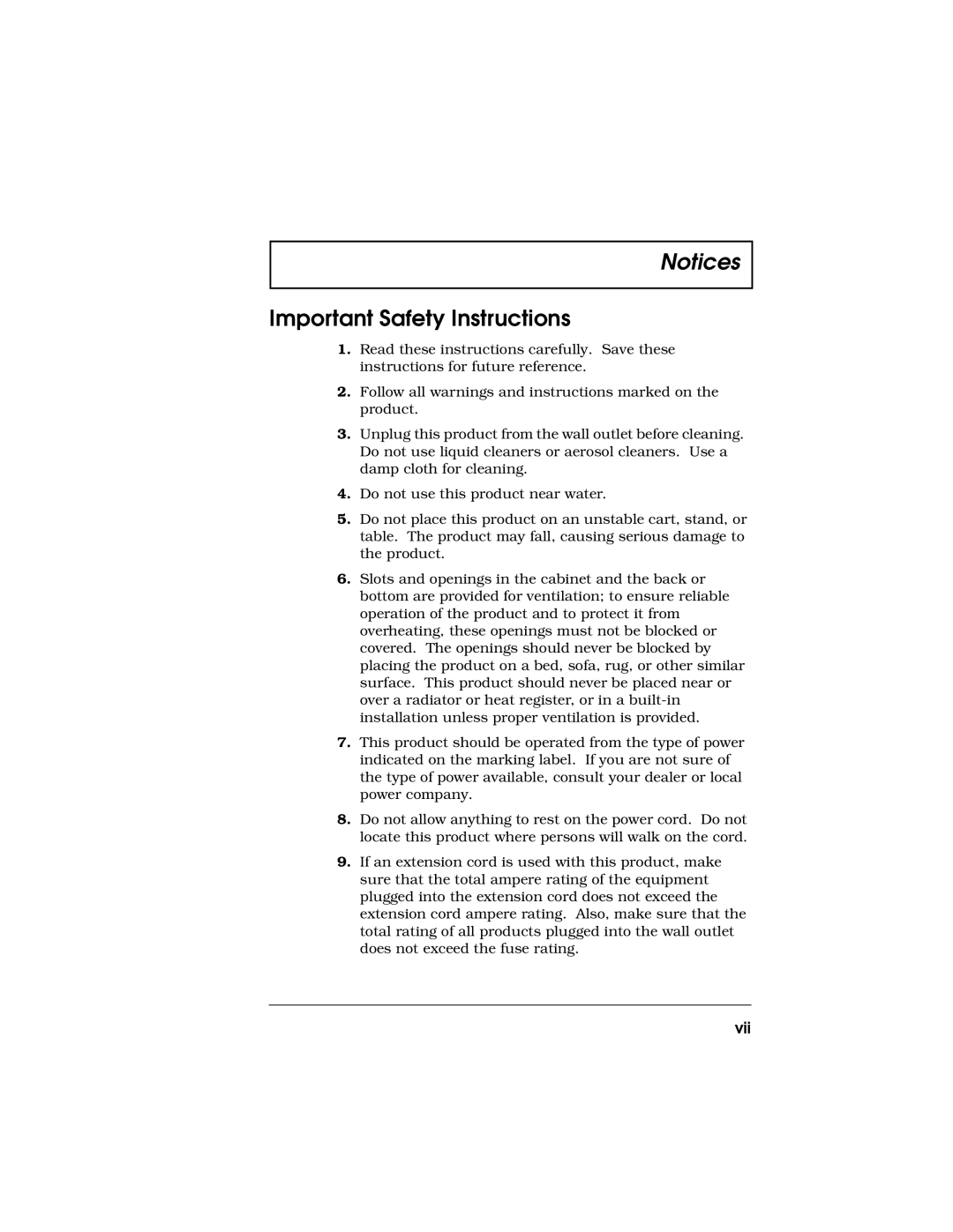 Acer 710 Series manual Important Safety Instructions, Vii 