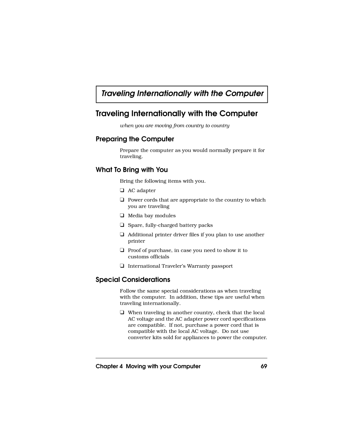 Acer 710 Series manual Traveling Internationally with the Computer 