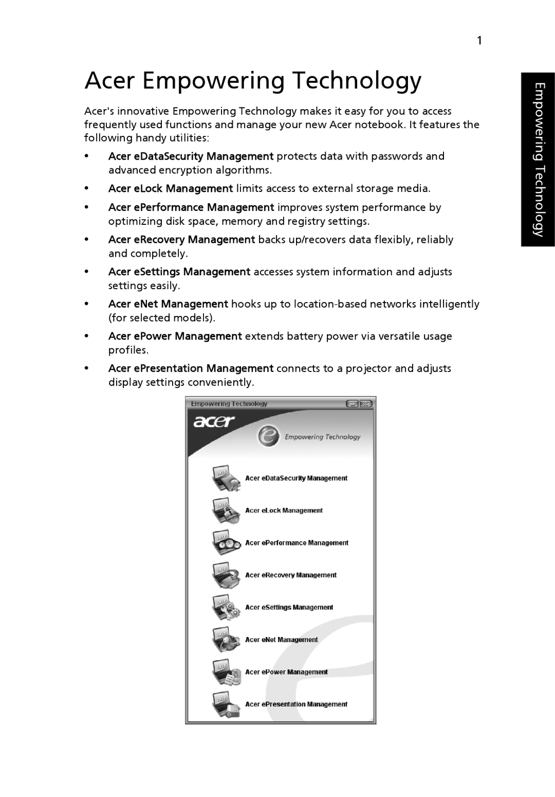 Acer 9400, 7100 manual Acer Empowering Technology 