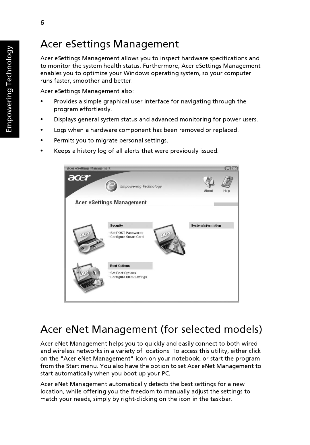 Acer 7100, 9400 manual Acer eSettings Management, Acer eNet Management for selected models 