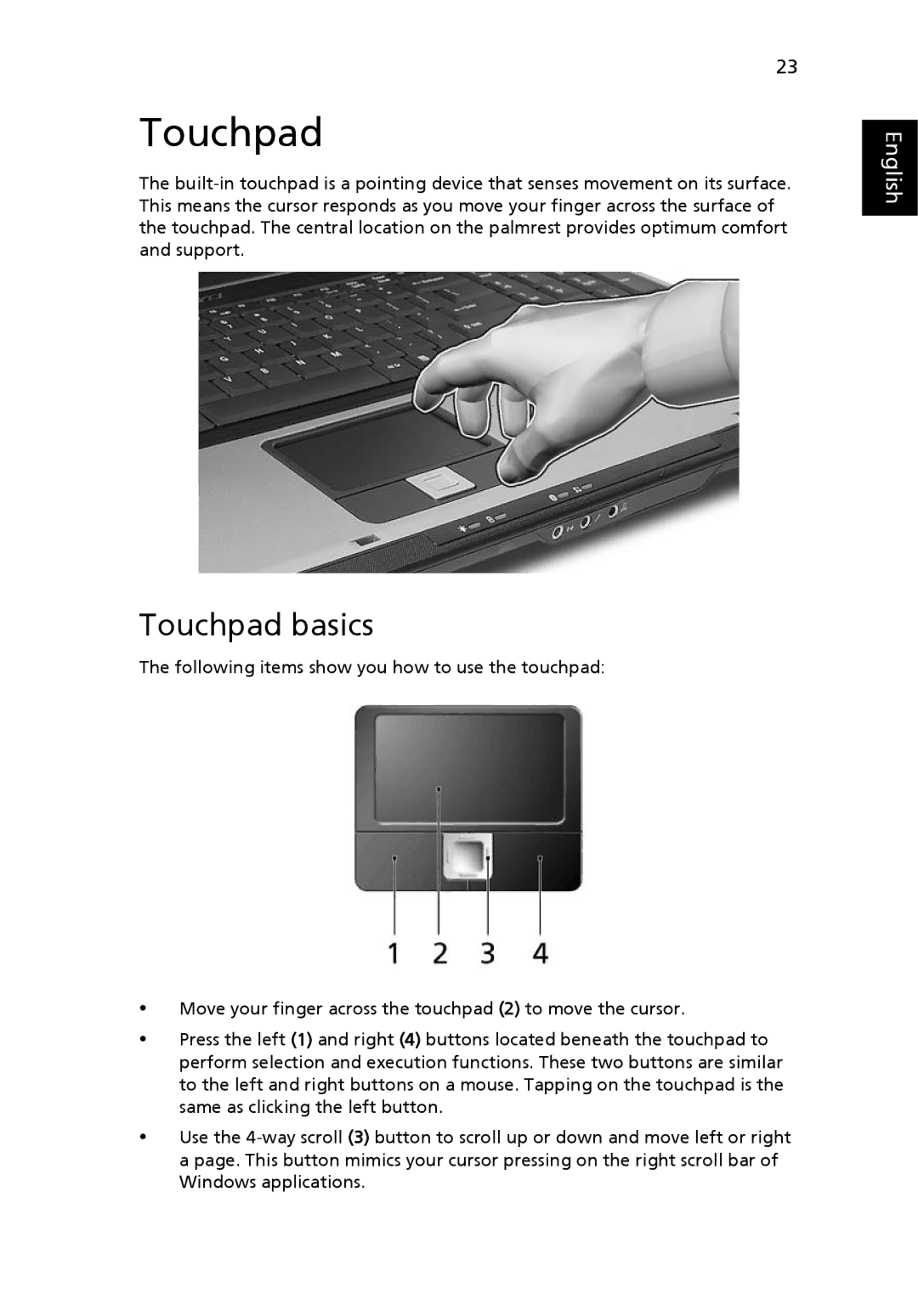 Acer 9400, 7100 manual Touchpad basics 