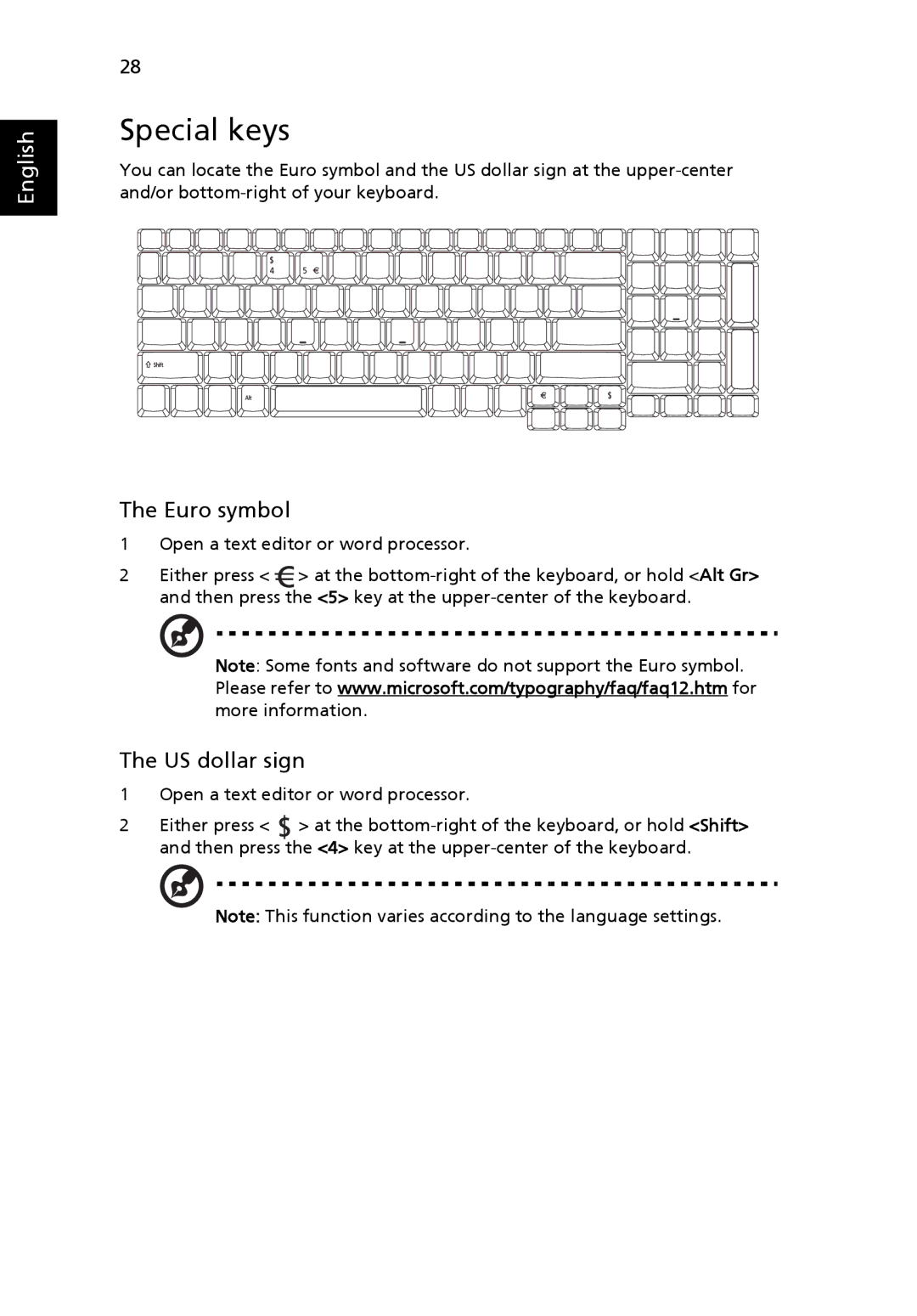 Acer 7100, 9400 manual Special keys, Euro symbol 