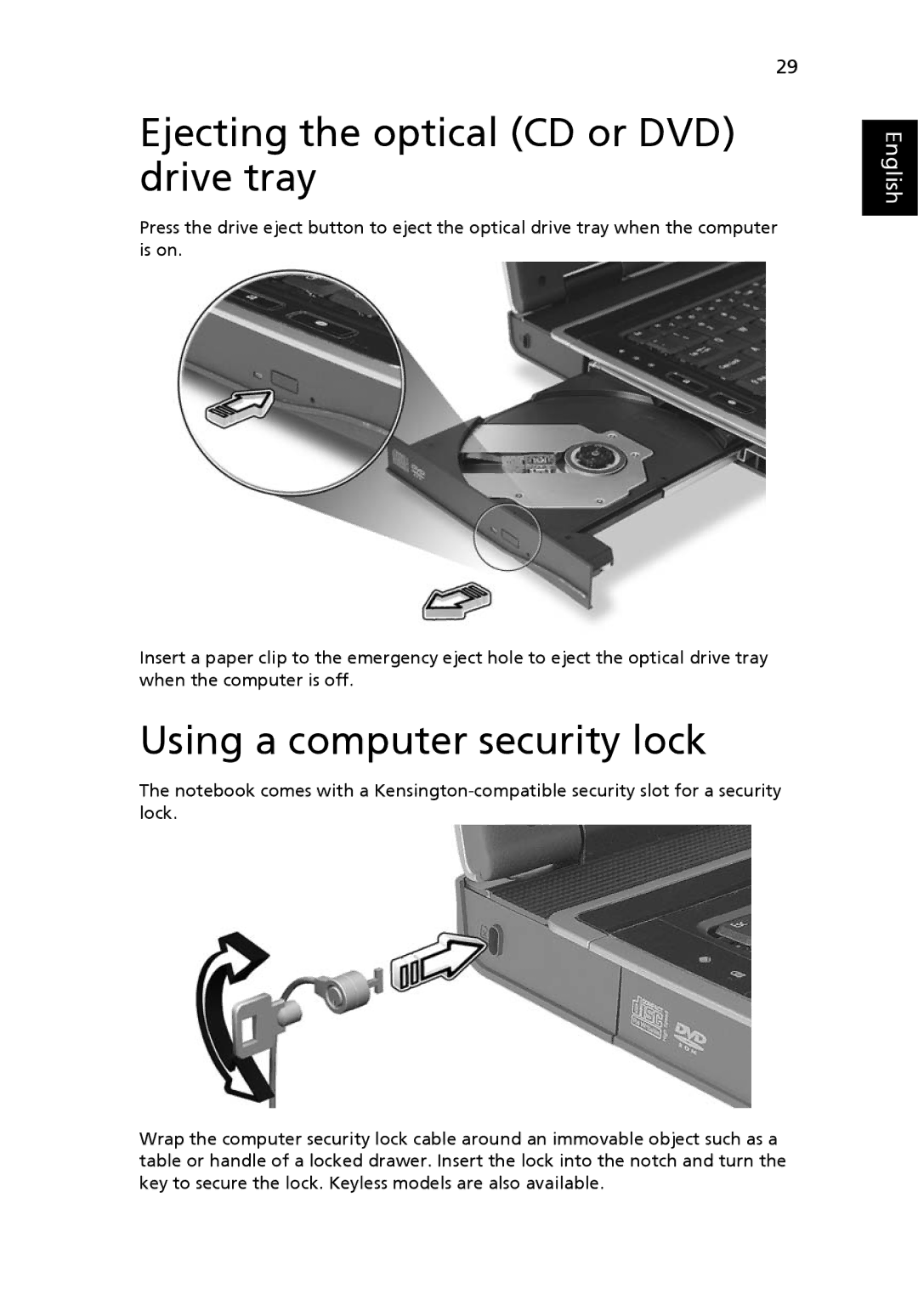 Acer 9400, 7100 manual Ejecting the optical CD or DVD drive tray, Using a computer security lock 