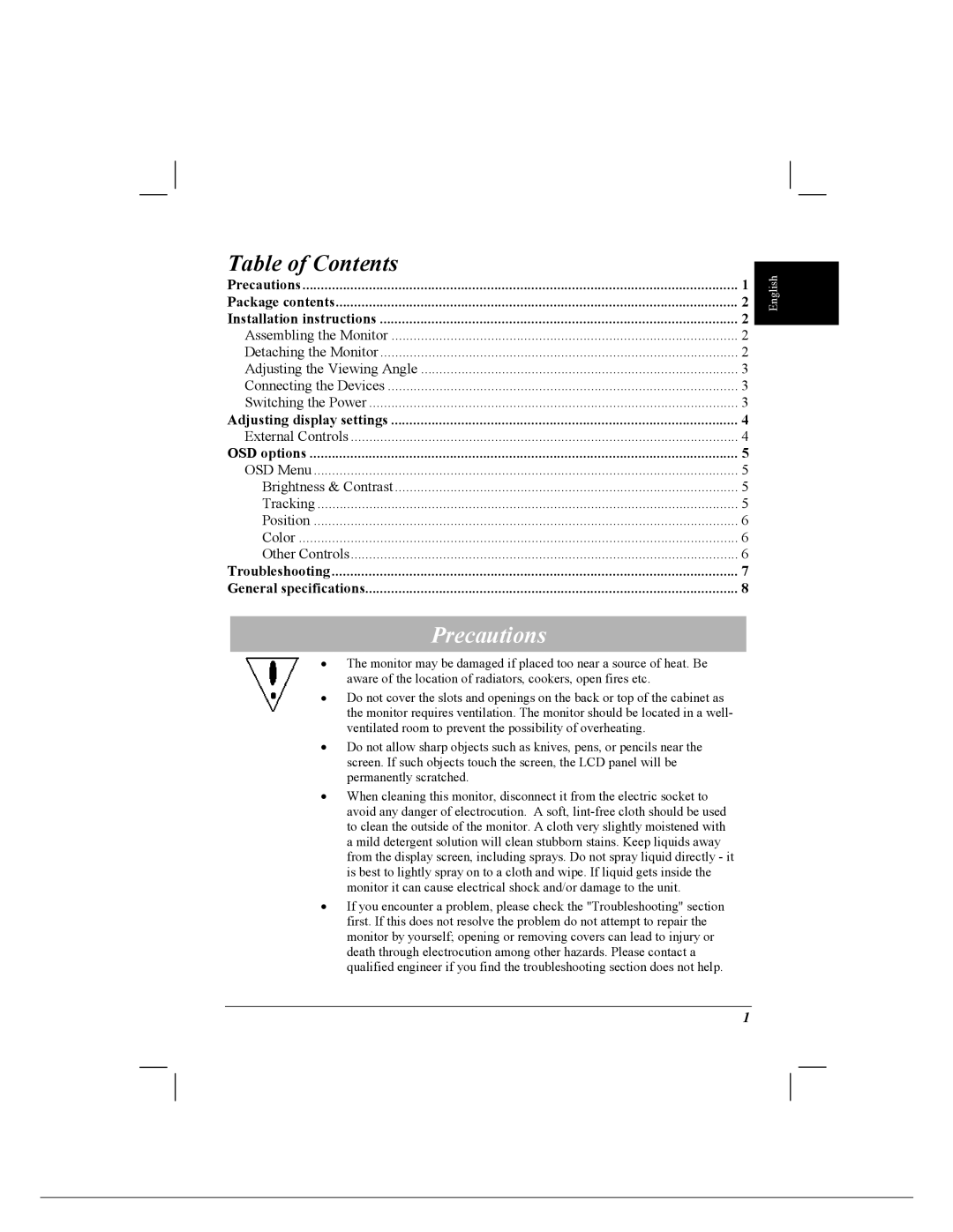 Acer 718 installation instructions Precautions, Table of Contents 