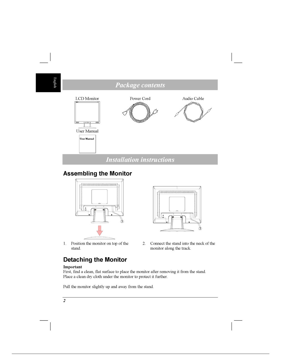 Acer 718 Package contents, Installation instructions, Assembling the Monitor, Detaching the Monitor 