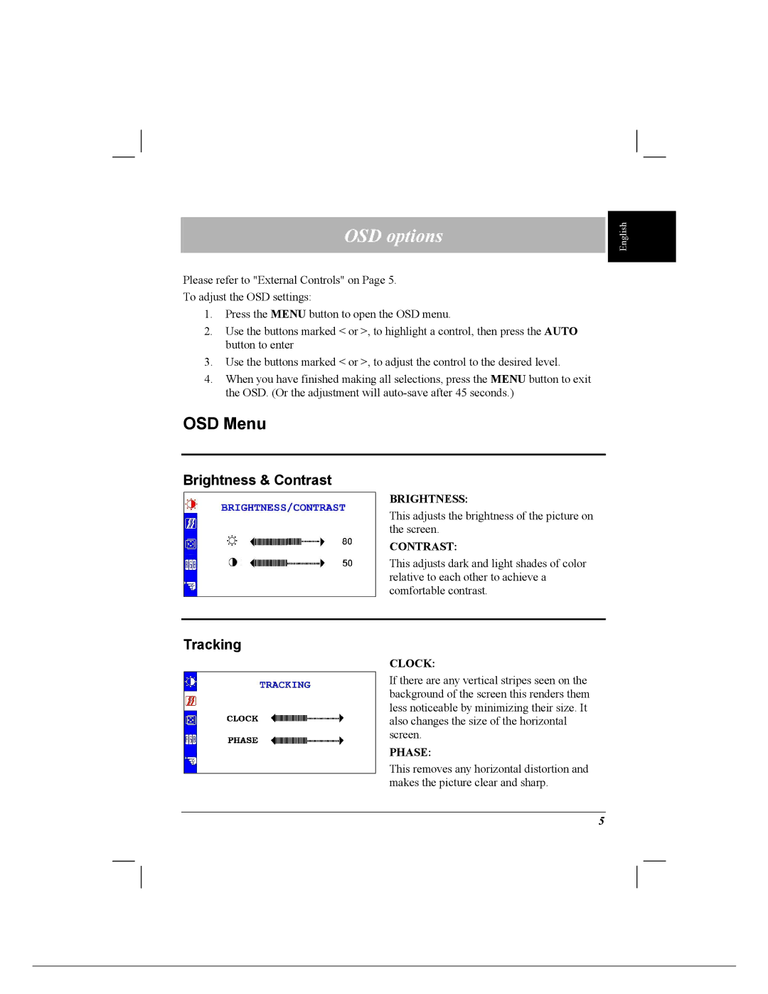 Acer 718 installation instructions OSD options, OSD Menu, Brightness & Contrast, Tracking 