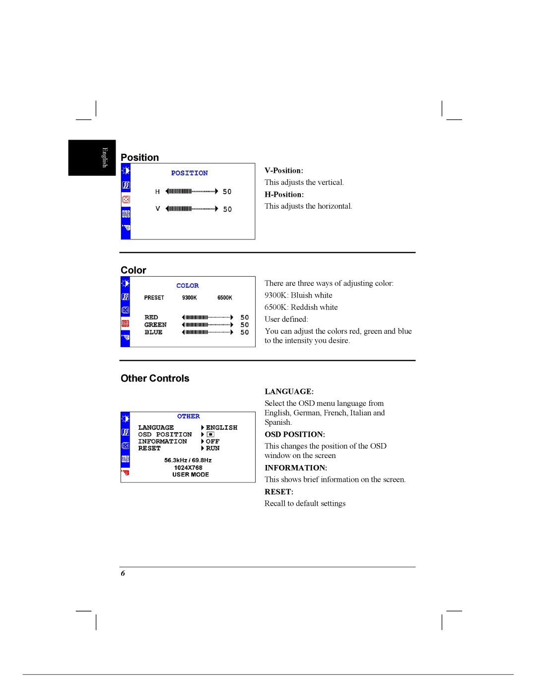 Acer 718 installation instructions Position, Color Other Controls 