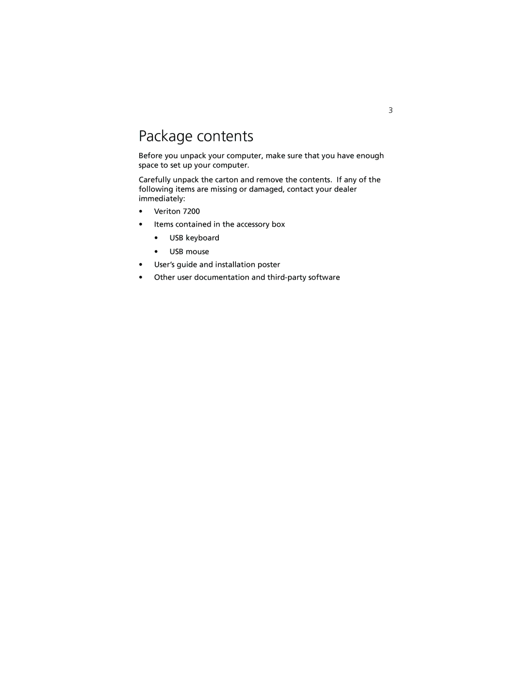 Acer 7200 manual Package contents 