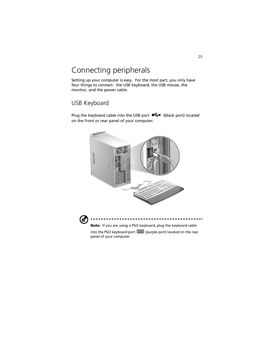 Acer 7200 manual Connecting peripherals, USB Keyboard 