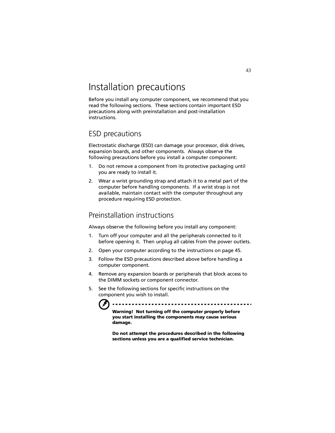 Acer 7200 manual Installation precautions, ESD precautions, Preinstallation instructions 