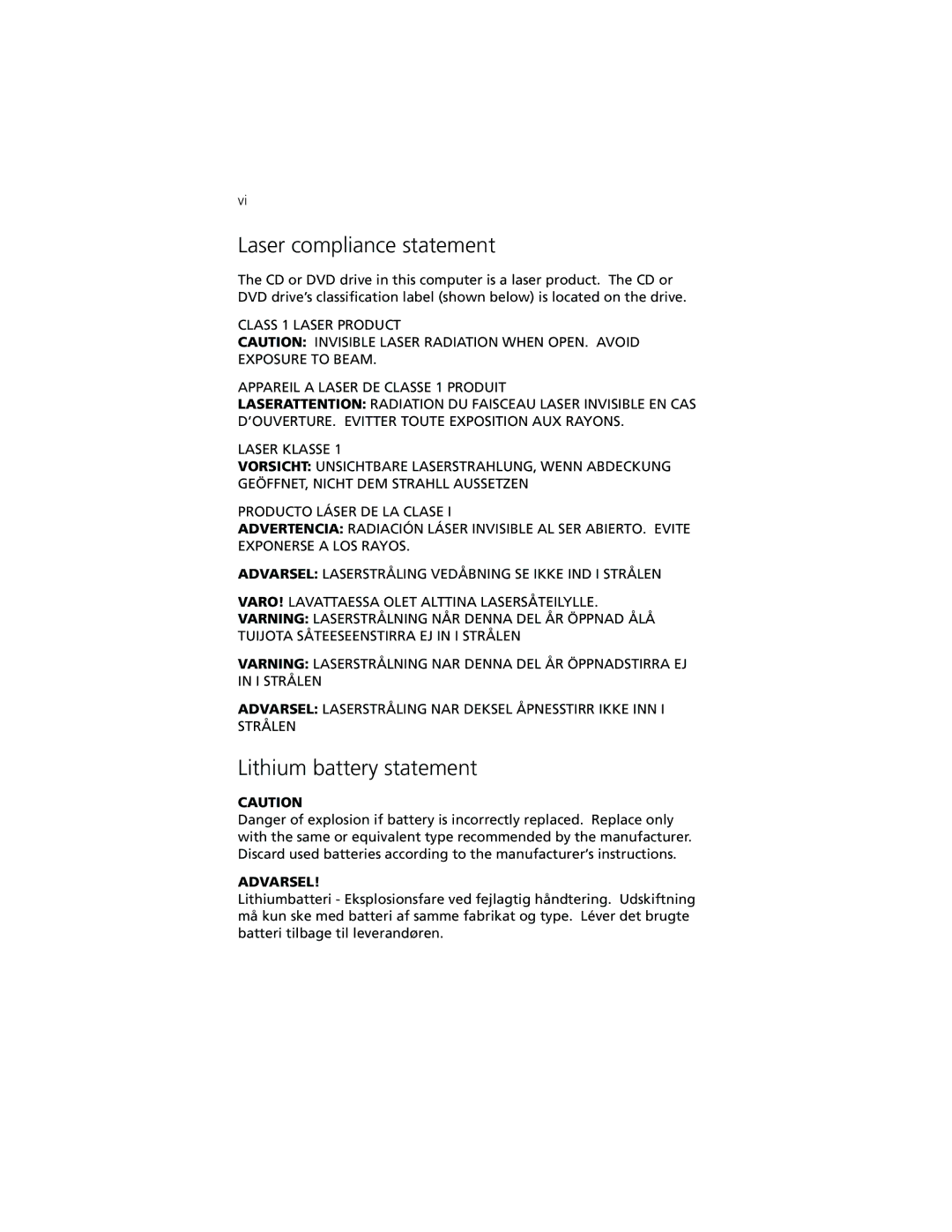 Acer 7200 manual Laser compliance statement, Lithium battery statement 