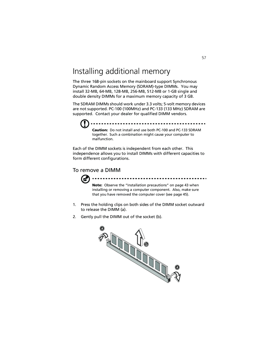 Acer 7200 manual Installing additional memory, To remove a Dimm 