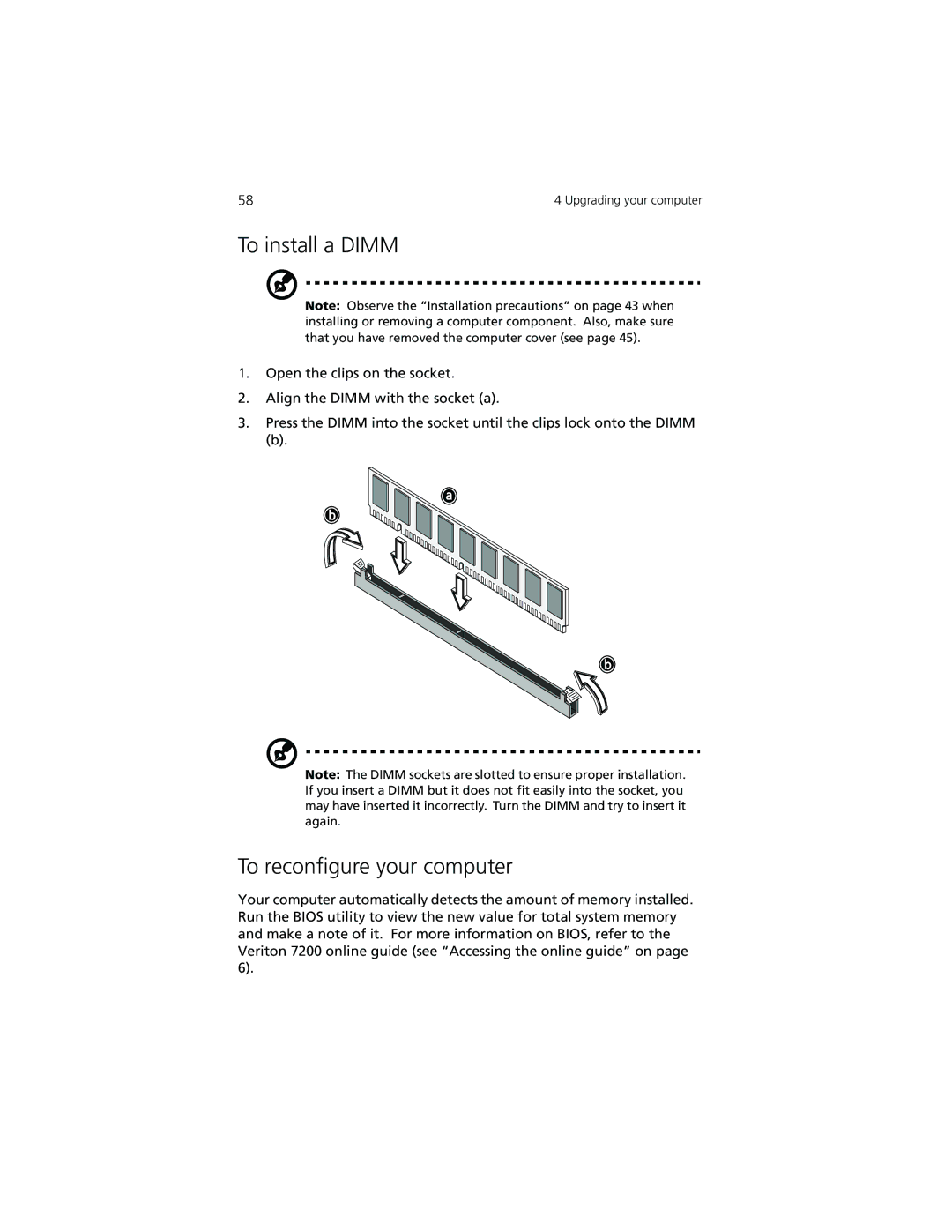 Acer 7200 manual To install a Dimm, To reconfigure your computer 