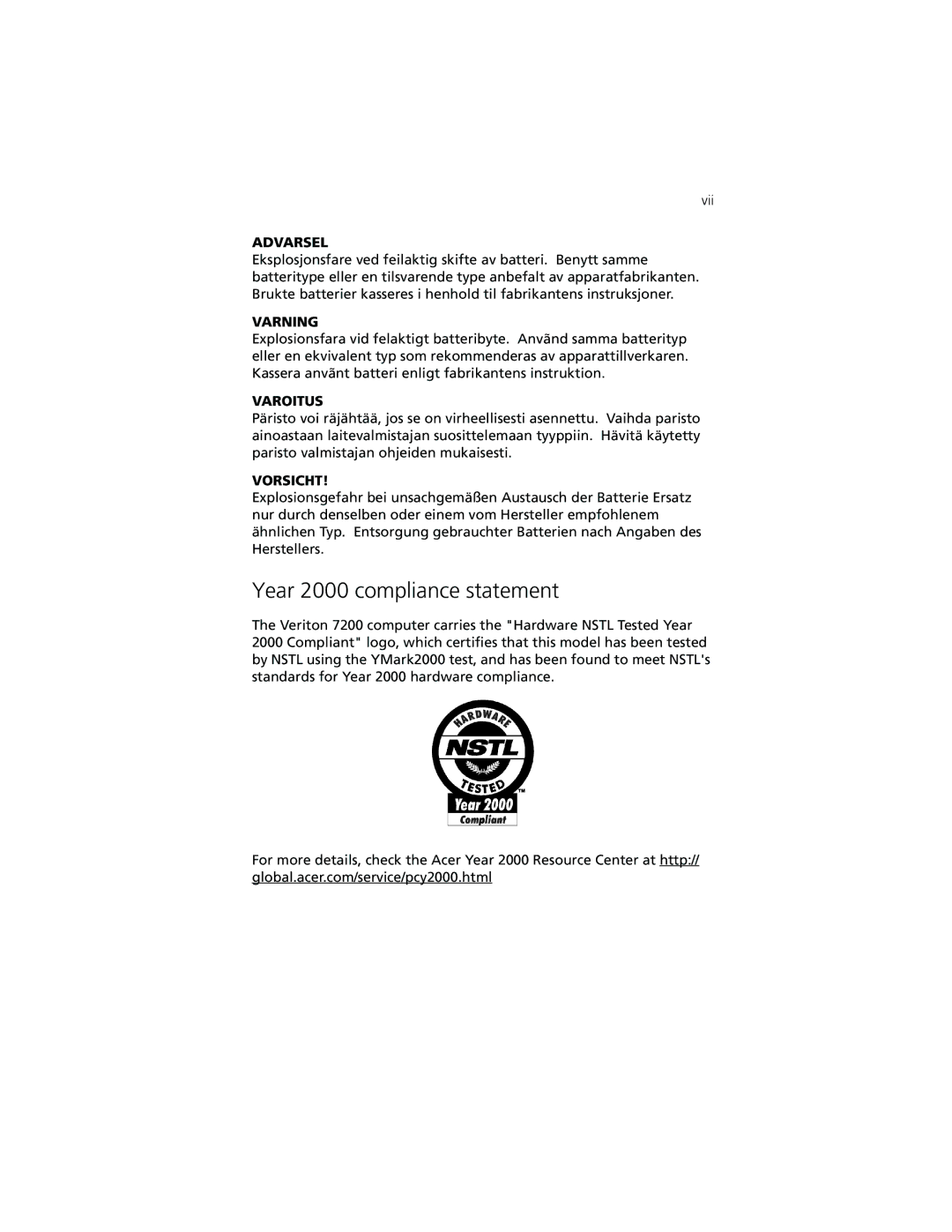 Acer 7200 manual Year 2000 compliance statement, Varning 