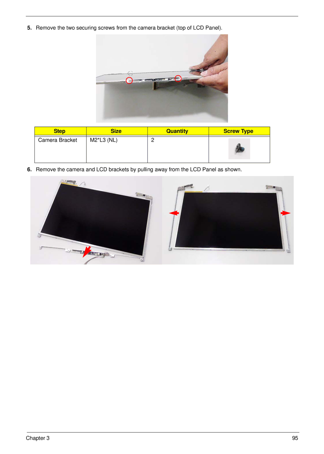 Acer 7230 manual Step Size Quantity Screw Type Camera Bracket M2*L3 NL 