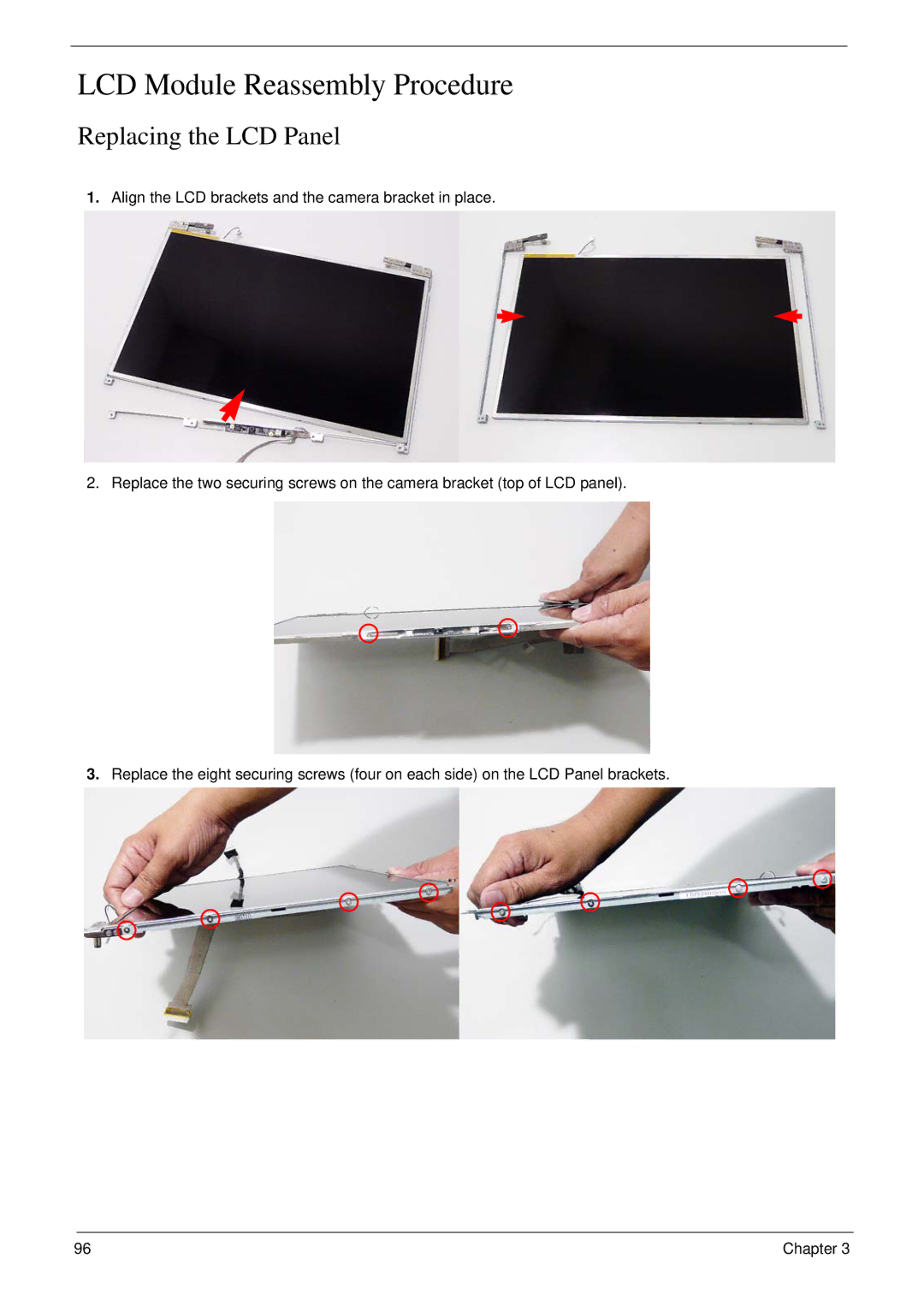 Acer 7230 manual LCD Module Reassembly Procedure, Replacing the LCD Panel 