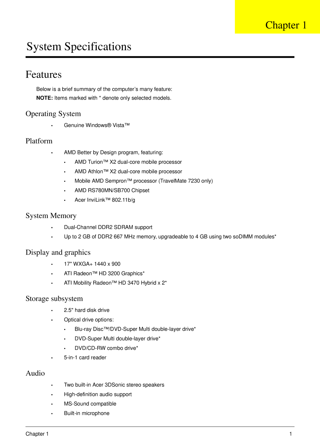 Acer 7230 manual Chapter, Features 