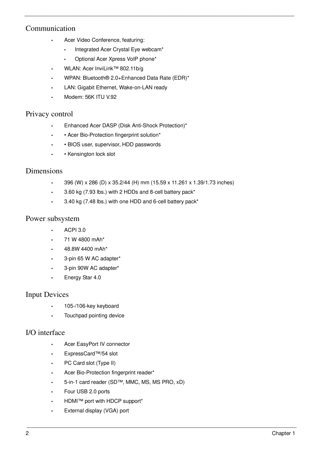 Acer 7230 manual Communication, Privacy control, Dimensions, Power subsystem, Input Devices, Interface 